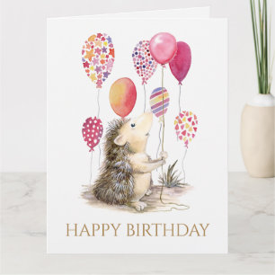 Cartão Hedgehog com balões cor-de-rosa Parabéns