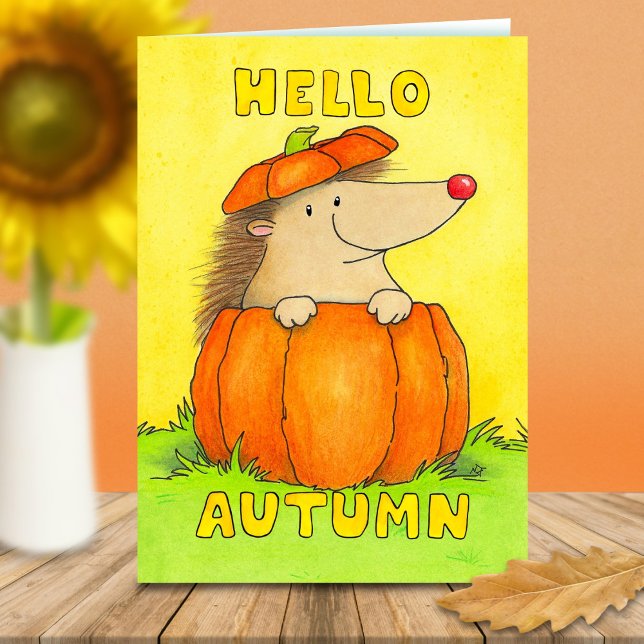 Cartão Hello Autumn Hedgehog in Pumpkin Greeting (Criador carregado)
