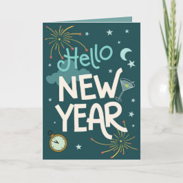 Cartão Hello New Year - Teal Festive New Years Celebr