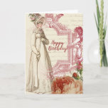 Cartão Henrietta, Parabéns<br><div class="desc">Uma bela placa de moda georgiana,  uma rosa,  e uma moldura de cerebro,  colocada sobre uma página manuscrita de um livro da Jane Austen,  escrito pela própria Jane Austen!  © Julie McIver/Wickely Lovely</div>