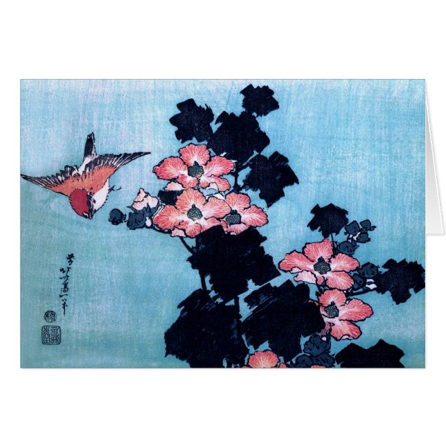 Cartão Hibiscus e pardal, Hokusai (Frente Horizontal)