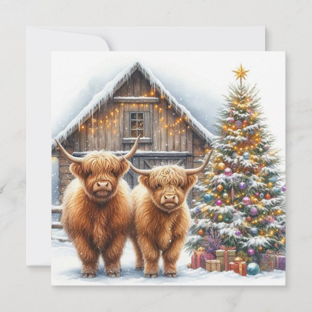 Cartão Highland cows, tree and a barn Christmas card (Frente)