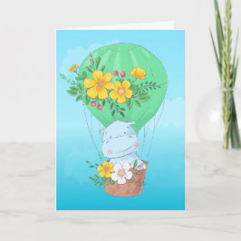 Cartão Hippo de Aquarela no Aniversário do Balão de Ar Qu