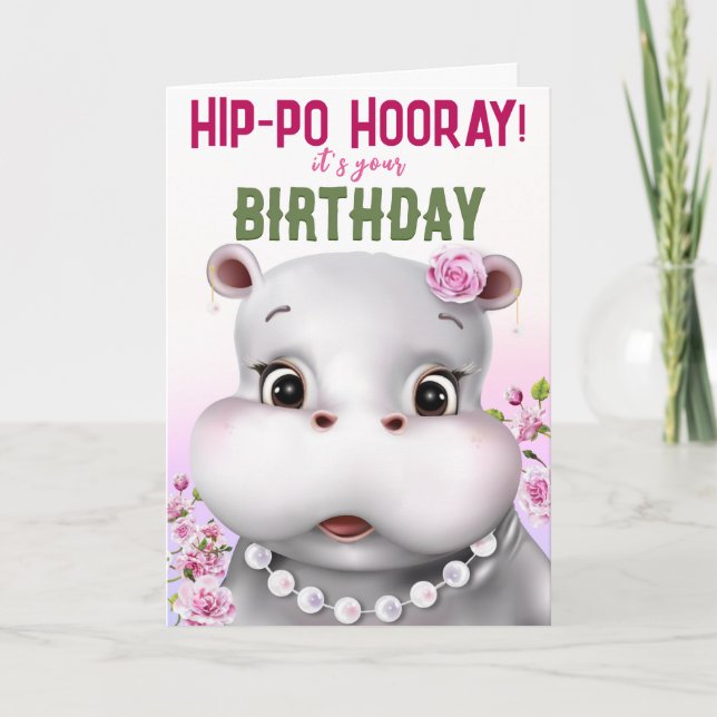 Cartão Hippo Pink Floral Girl Birday (Frente)