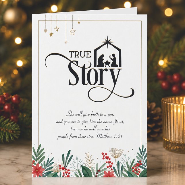 Cartão História Verdadeira Cristã Natal Religioso (Christian Christmas Card with Bible Verse)