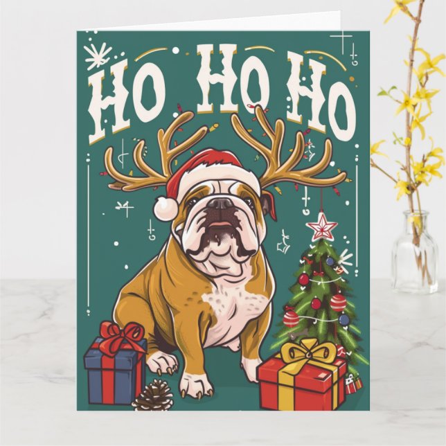 Cartão Ho Ho Inglês Buldogue Natal (Flor Amarela)