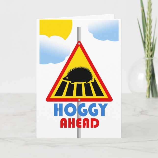 Cartão Hoggy Ahead Road Sign Pensando em você Hedgehog (Frente)