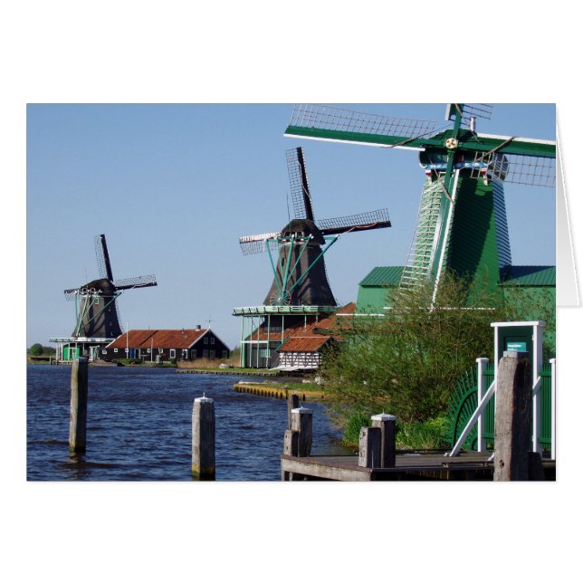 Cartão Holandês Red Green Zaanse Schans Dutch Windmilmill (Frente Horizontal)