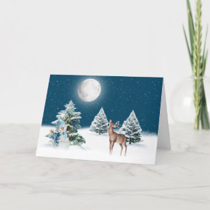 Cartão Holiday Snowman e Deer em Lua de inverno
