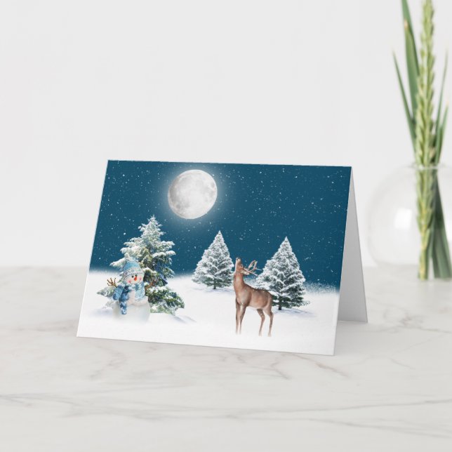 Cartão Holiday Snowman e Deer em Lua de inverno (Frente)