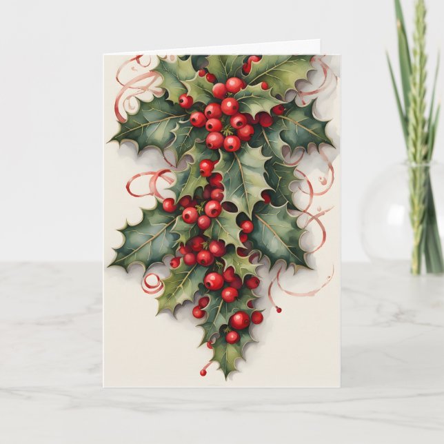 Cartão Holly com Vibrant Red Berries Natal (Frente)