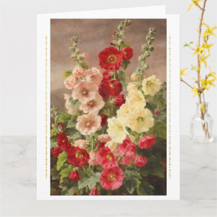 Cartão Hollyhocks vermelhos, brancos e cor-de-rosa, Chris