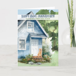 Cartão Home Anniversary Realtor Blue House and Dog Custom