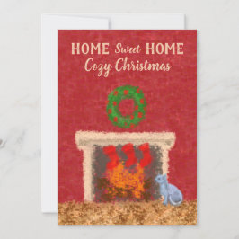 Cartão Home Sweet Home Cozy Lareira de Natal Red Wall
