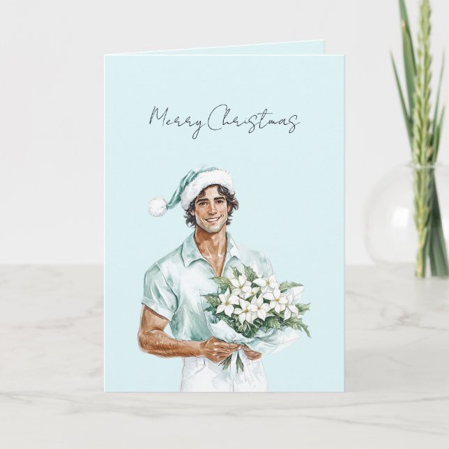 Cartão Homem de Cabelo Castanho Flores Natal   (Frente)