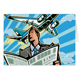 Cartão Homem de negócios com jornal e avião acima