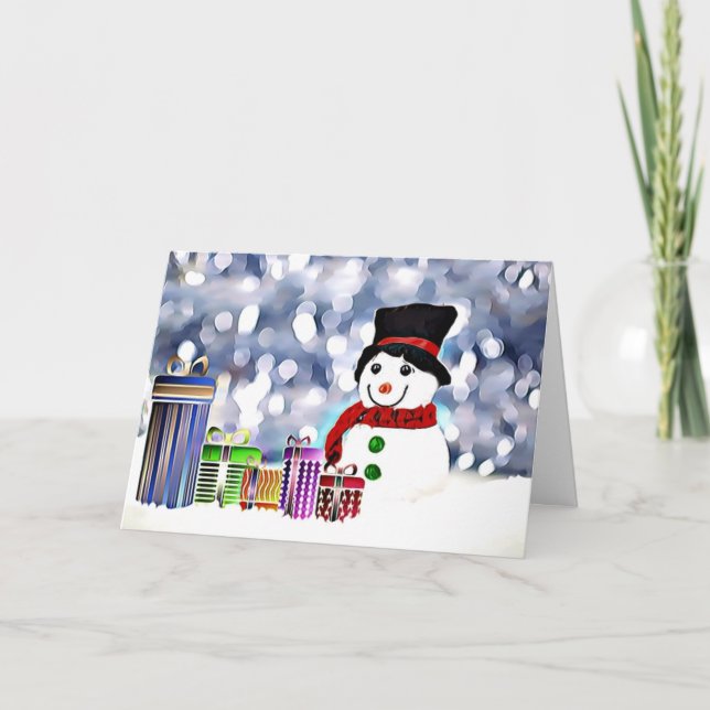 Cartão Homem de neve com seus presentes (Frente)