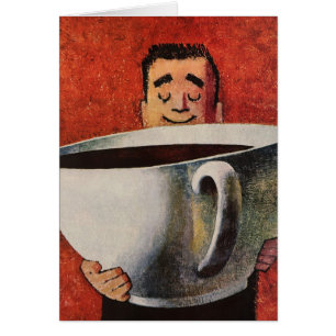Cartão Homem Feliz Vintage Bebendo Xícara Gigante de Café