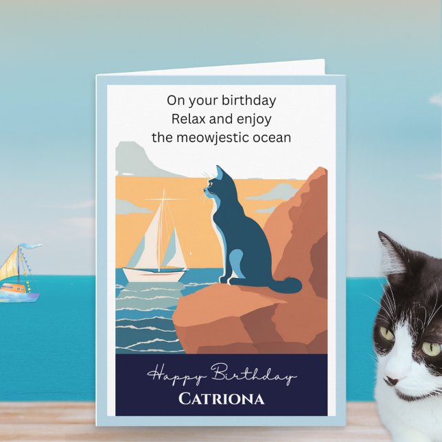 Cartão Hora de Aniversário Feliz Retro Personalizado (A personalized birthday card with picture of a cat looking out to sea and funny caption)