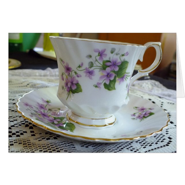 Cartão Hora do Chá - Placa de Taça de Tea Violetas Vintag (Frente Horizontal)