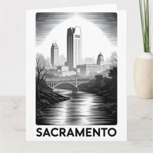 Cartão Horizonte de Sacramento Califórnia Xilogravura Pre