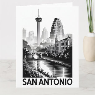Cartão Horizonte de San Antonio Texas Preto e Branco Xilo