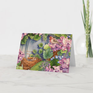Cartão House Finch Pair Nest in Wreath Watercolor Art