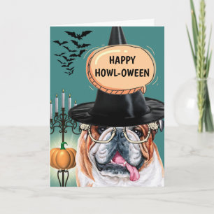 Cartão Howloween feliz de bruxa-dama inglesa