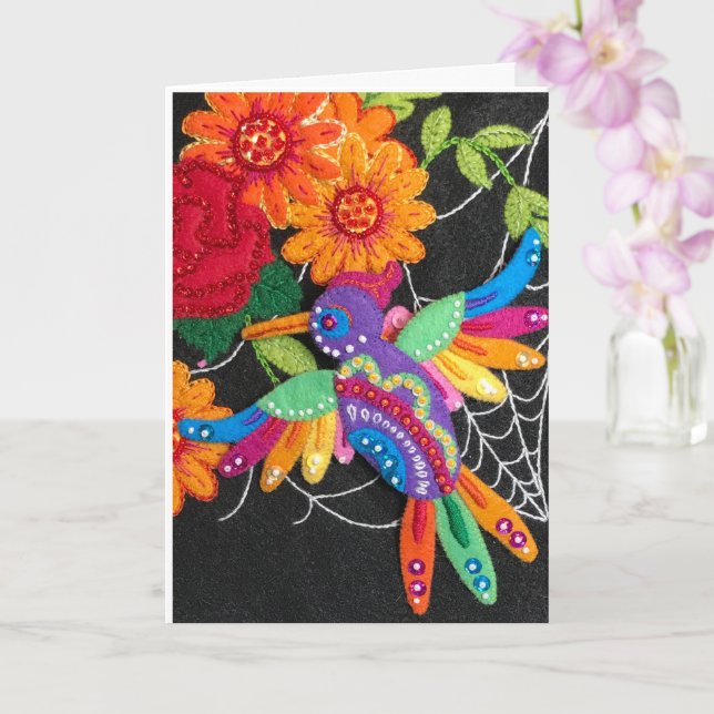 Cartão Hummiingbird Felt Sequin Beads Stitched Pretty  (Orquídea)