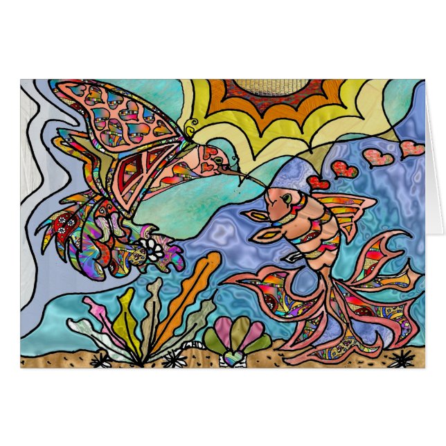 Cartão Hummingbird Goldfish Refletir Fantasia Art Card (Frente Horizontal)