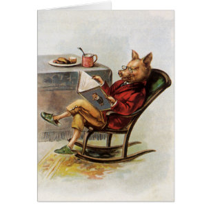 Cartão Humor do vintage, porco na cadeira de balanço que
