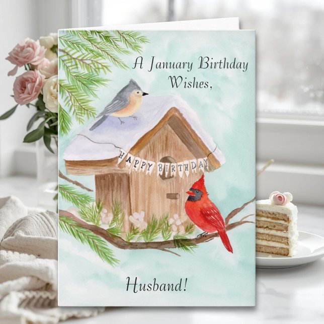 Cartão Husband  Happy January Birthday Birds (Criador carregado)
