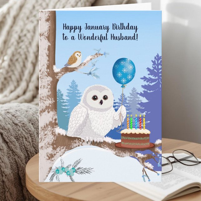 Cartão Husband Happy January Birthday Snowy Owl (Criador carregado)
