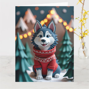 Cartão Husky Fofinho em Cena de Montanha de Natal Nevada