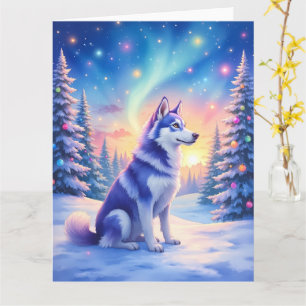 Cartão Husky Siberiano Luzes do Norte Natal Inverno