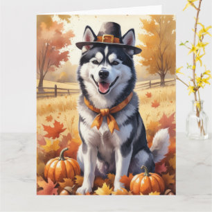 Cartão Husky Siberiano No Outono Deixa Arte De Ação De Gr