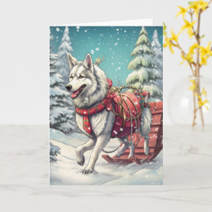 Cartão Husky Siberiano Puxando um Trenó