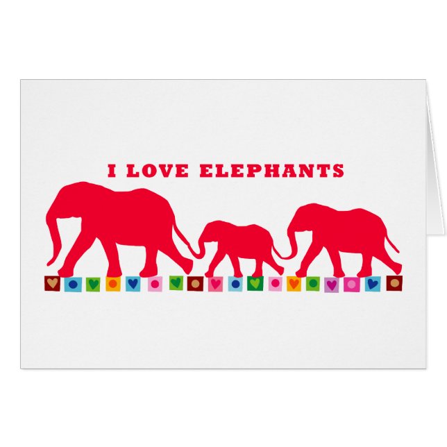 Cartão I Love Elephants (Vermelho) (Frente Horizontal)