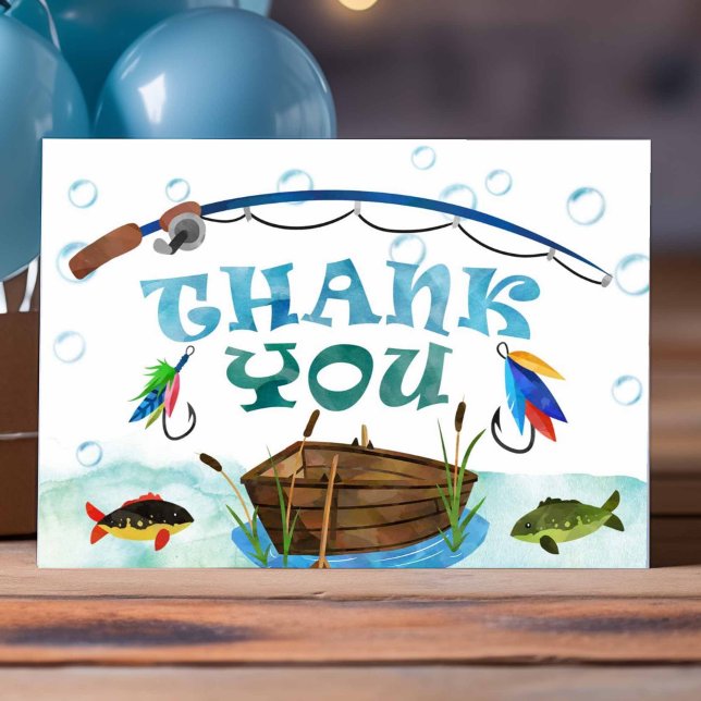 Cartão Ido pescar o-fish-ialmente aniversário obrigado (O-fish-ally, gone fishing, boy 1st birthday thank you cards.)