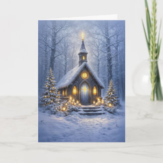 Cartão Igreja de Campo de Natal nos Bosques com Luzes