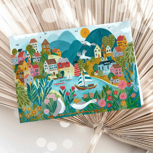 Cartão Ilustração Cênica do Porto de Vila Costeira 