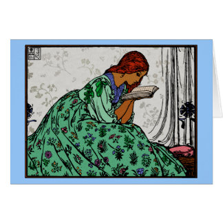 Cartão Ilustração Clássica de Leitura de Vestido Verde