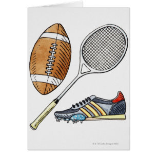 Cartão Ilustração da bola de rugby, raquete de tênis,