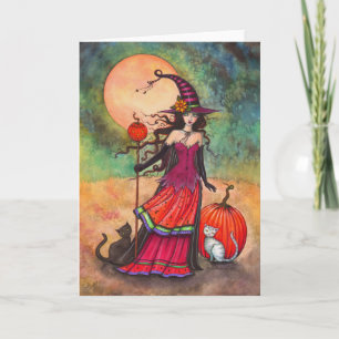 Cartão Ilustração da Bruxa e Gatos do Halloween da Lua de