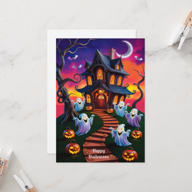 Cartão Ilustração da Casa Assombrada de Halloween Spooky (Frente/Verso In Situ)
