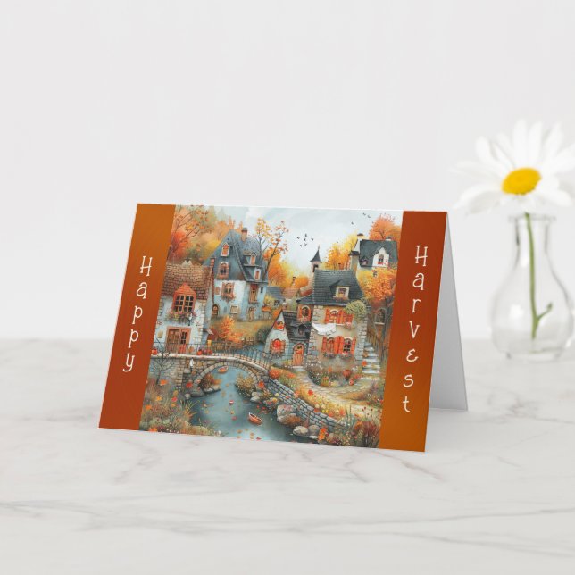 Cartão Ilustração da Ponte da Aldeia do outono (Planta pequena)
