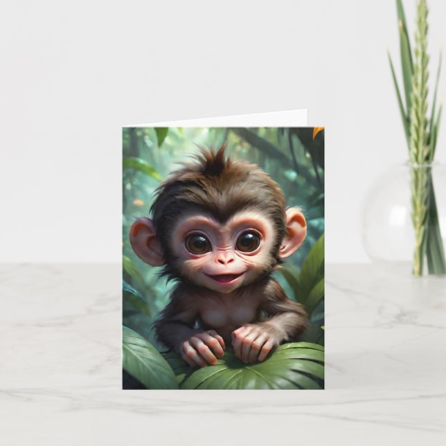 Cartão Ilustração de adorável macaco bebê na selva  (Frente)