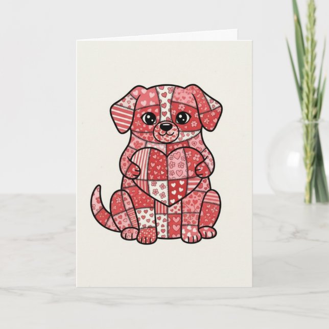 Cartão Ilustração de Cachorro Fofinho de Patchwork com Co (Frente)