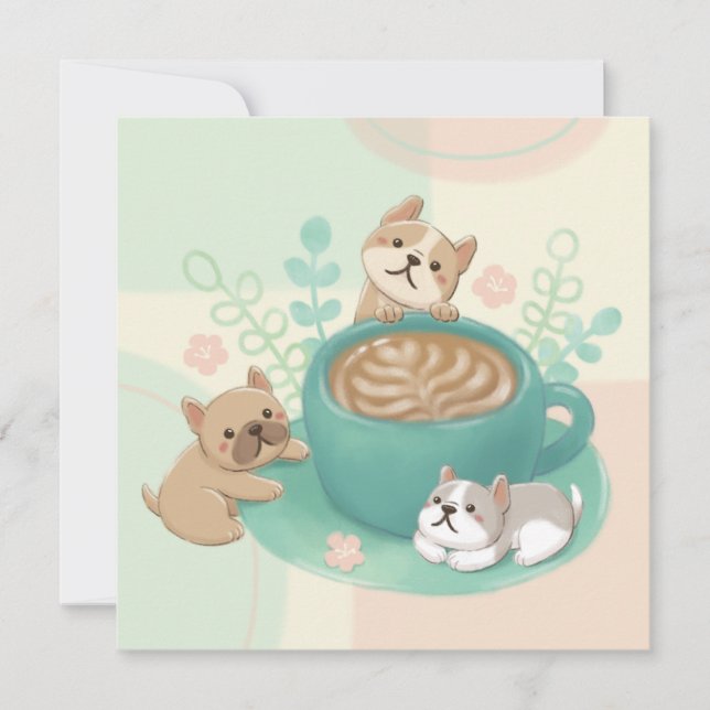 Cartão Ilustração de Cães e Café Bonitos (Frente)