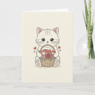 Cartão Ilustração de Cesta de Coração de Rosa de Gatinho